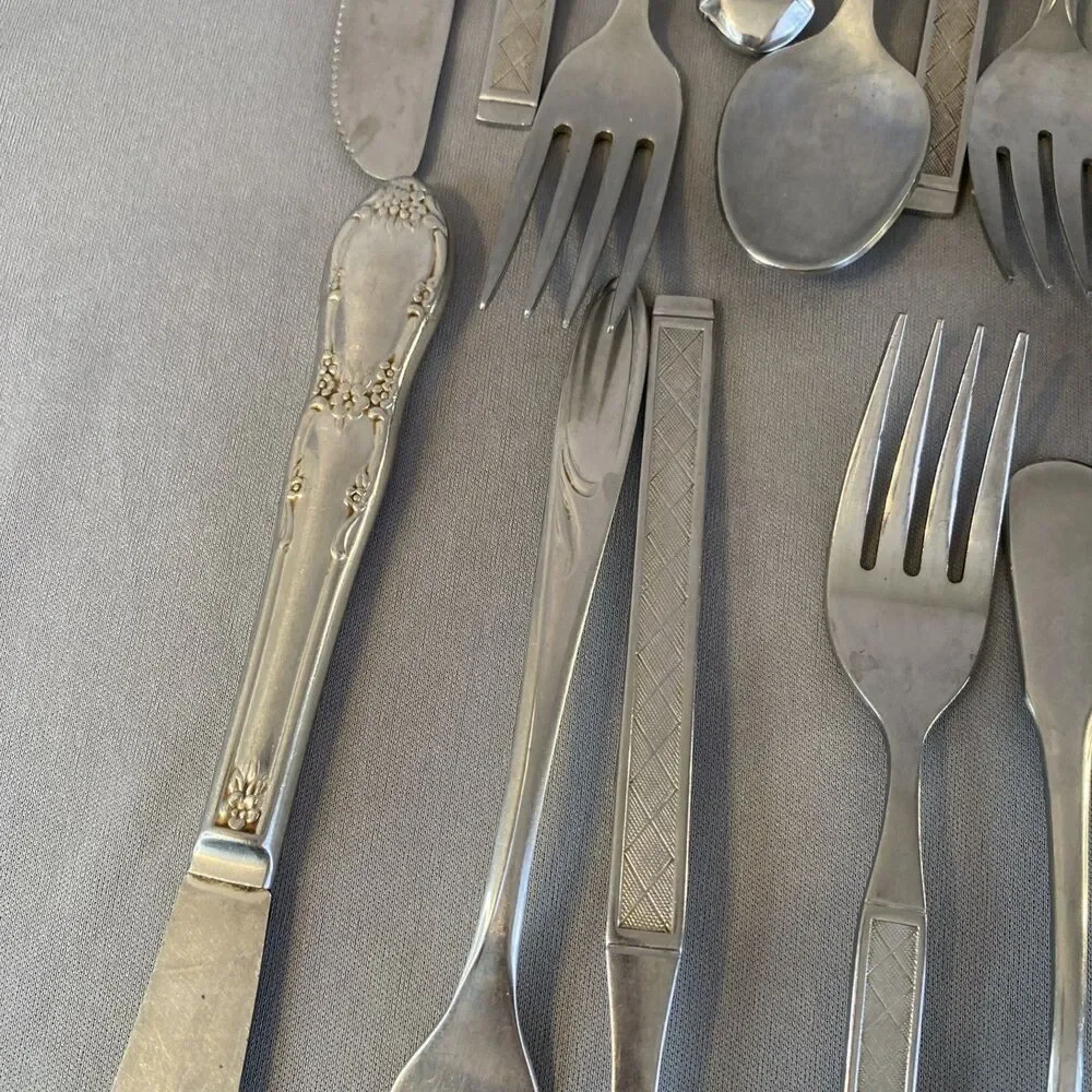 Vintage Lot Mixed Stainless Steel Flatware Silverware MCM Floral Textured Atomic